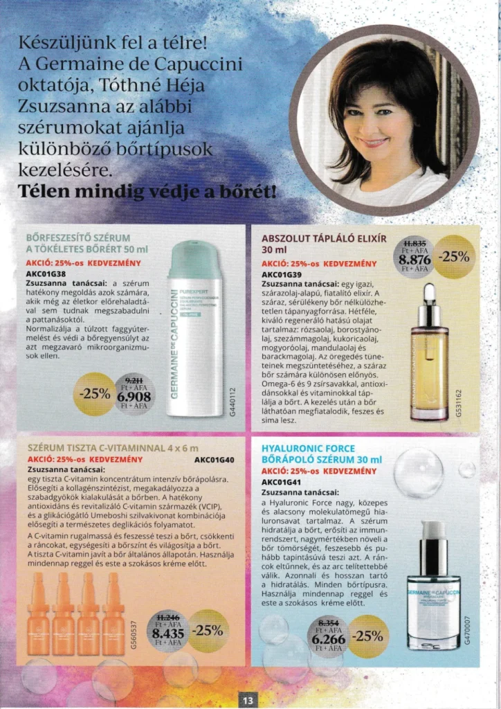 Tóthné Héja Zsuzsa Germain de Cappucini szakmai magazin megjelenés téli bőrápolás témában.